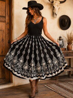 Y2K Chaudry 100% Cotton Navy Ivory Circle Swing Midi Skirt M Western Boho NWOT